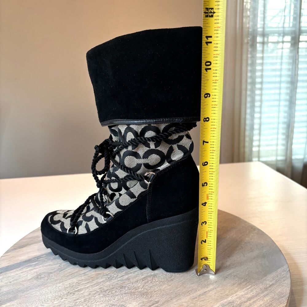 Coach Signature Logo Lace Up Wedge Winter Boots Black Suede Canvas Women's 7.5 - Picture 10 of 10